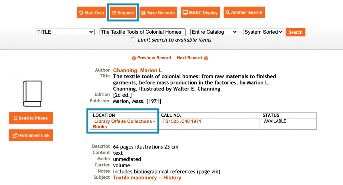 Screenshot from library catalog showing an item's location as Library Offsite Collections