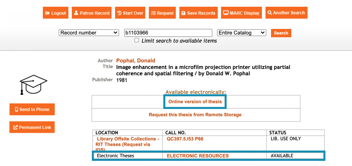 Screenshot of the library catalog showing a thesis held in Offsite Collections that is available electronically through ScholarWorks
