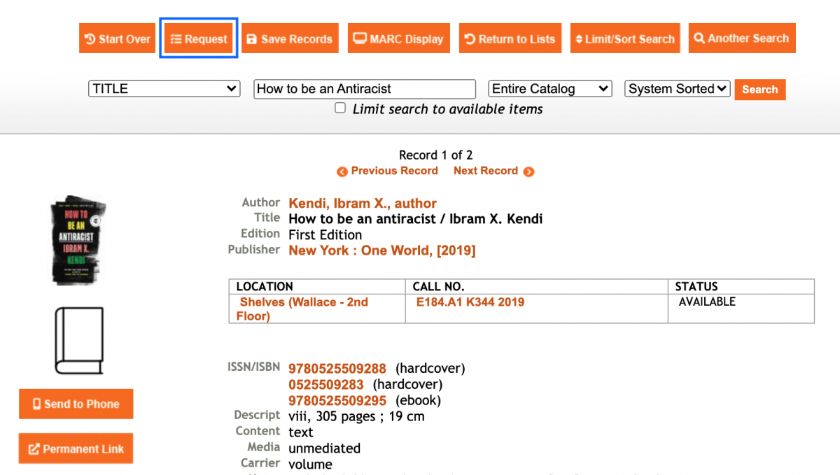 Screenshot of an item record in the RIT catalog