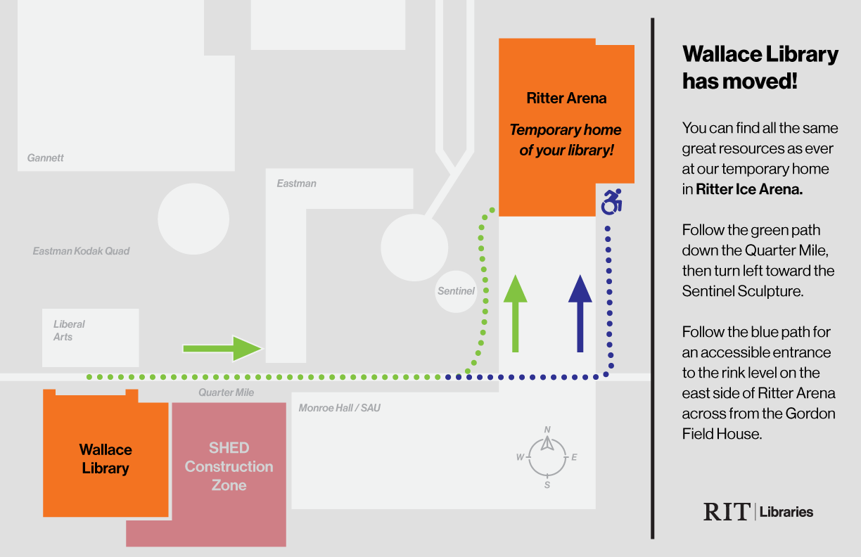 The map shows the walking (green) and wheelchair (blue) user paths from the Wallace Library building to Ritter Lbrary.i