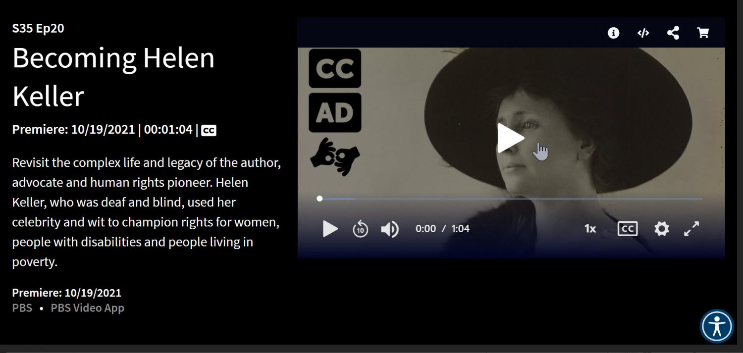 Picture of a American Masters black and white video of Helen Keller wearing a large round black hat