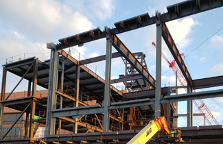 Steel structure of the SHED going up next to Wallace Library